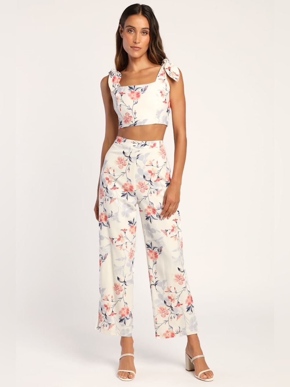 Lulus Budding Bliss Ivory Floral Print Tie-Strap Top & Wide Leg SET, Size L